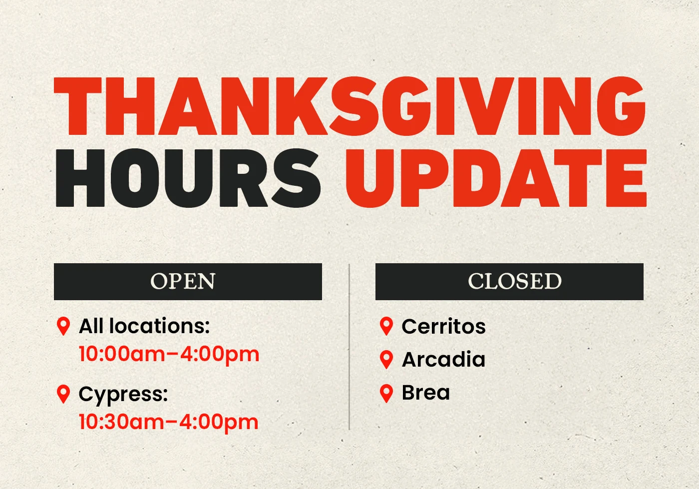 thanksgiving hours update