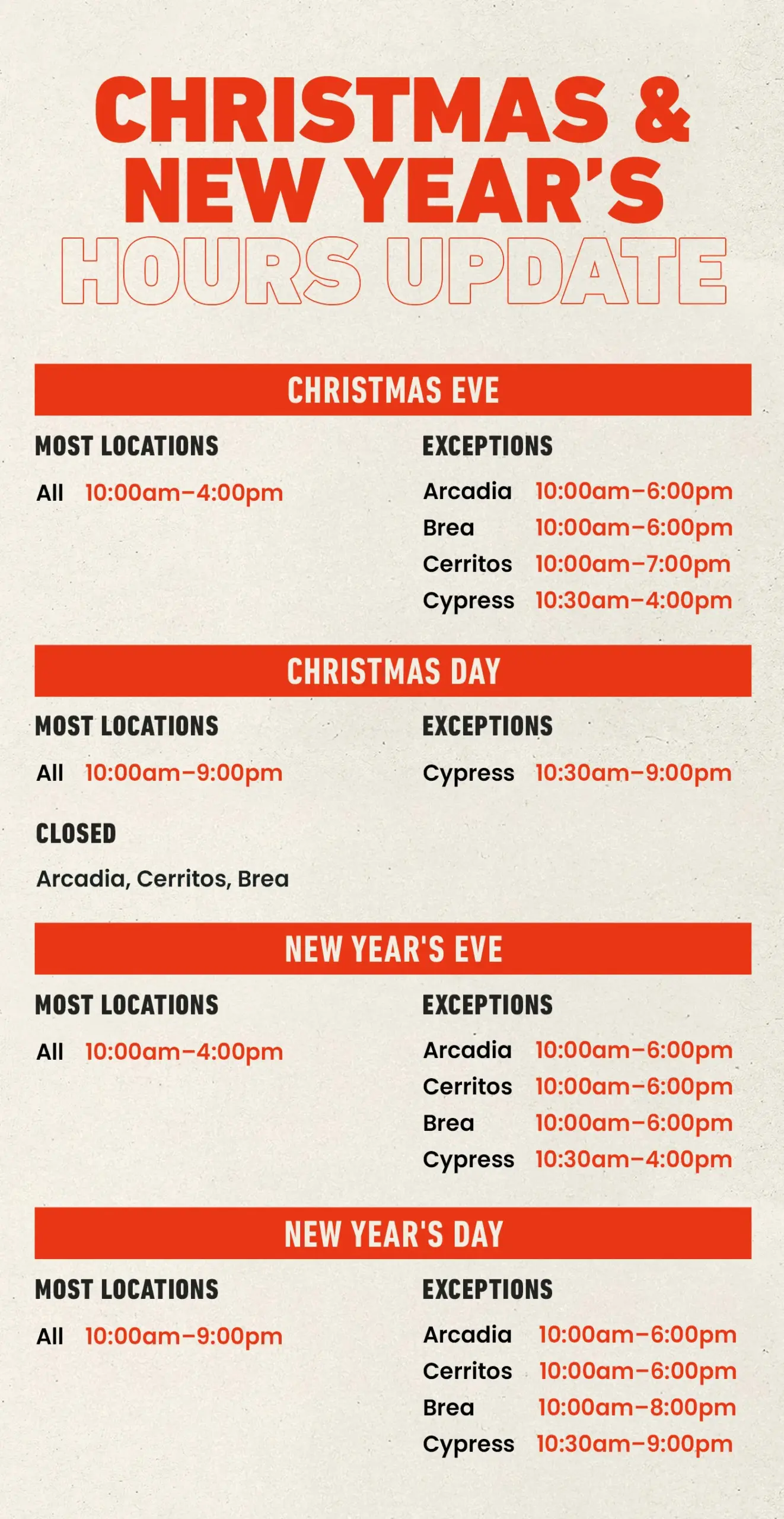 Xmas and New Year hours update